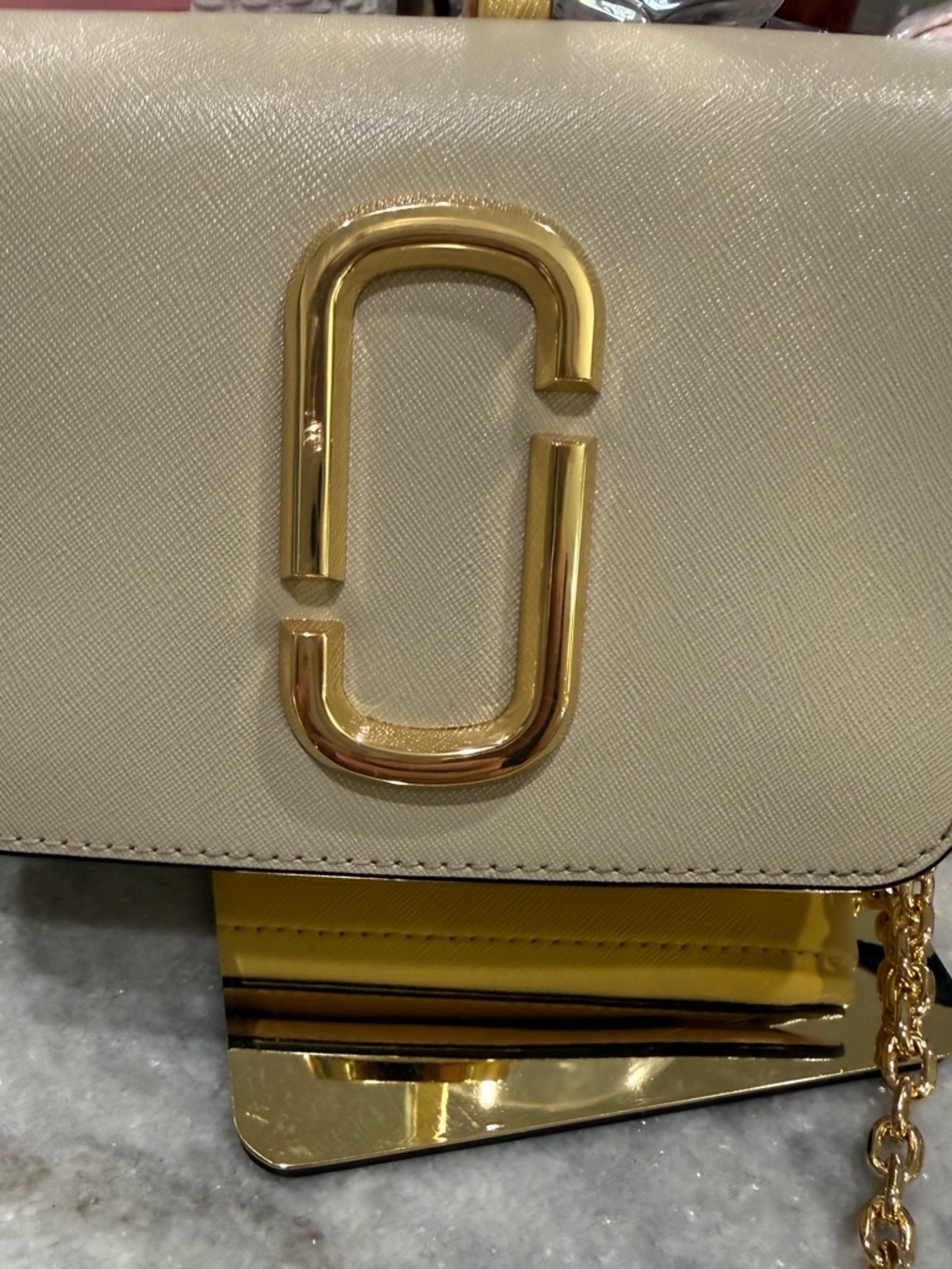 Marc Jacobs Cream Crossbody Shoulder Bag with Gold Hardware; Belt Strap.